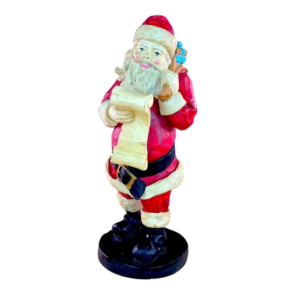 Vintage Santa Claus Figurine with Scroll and Toy Sack